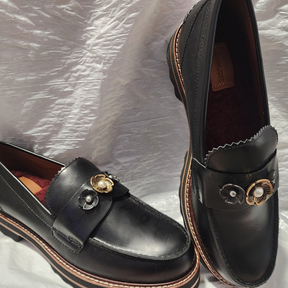 Coach Black Leather Loafers with Gold & Silver Floral Hardware